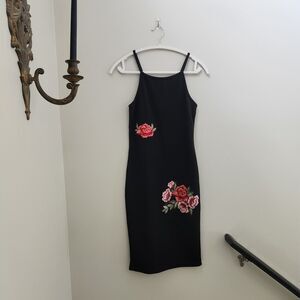 🌹Vintage Black Embroidered Rose Floral Mini Dress Gown Women's M Grunge Y2K